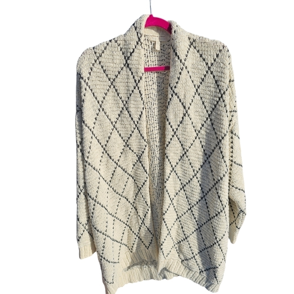 Eileen fisher Cream & Black Knit Open Cardigan Cotton Size l/xlCream and black